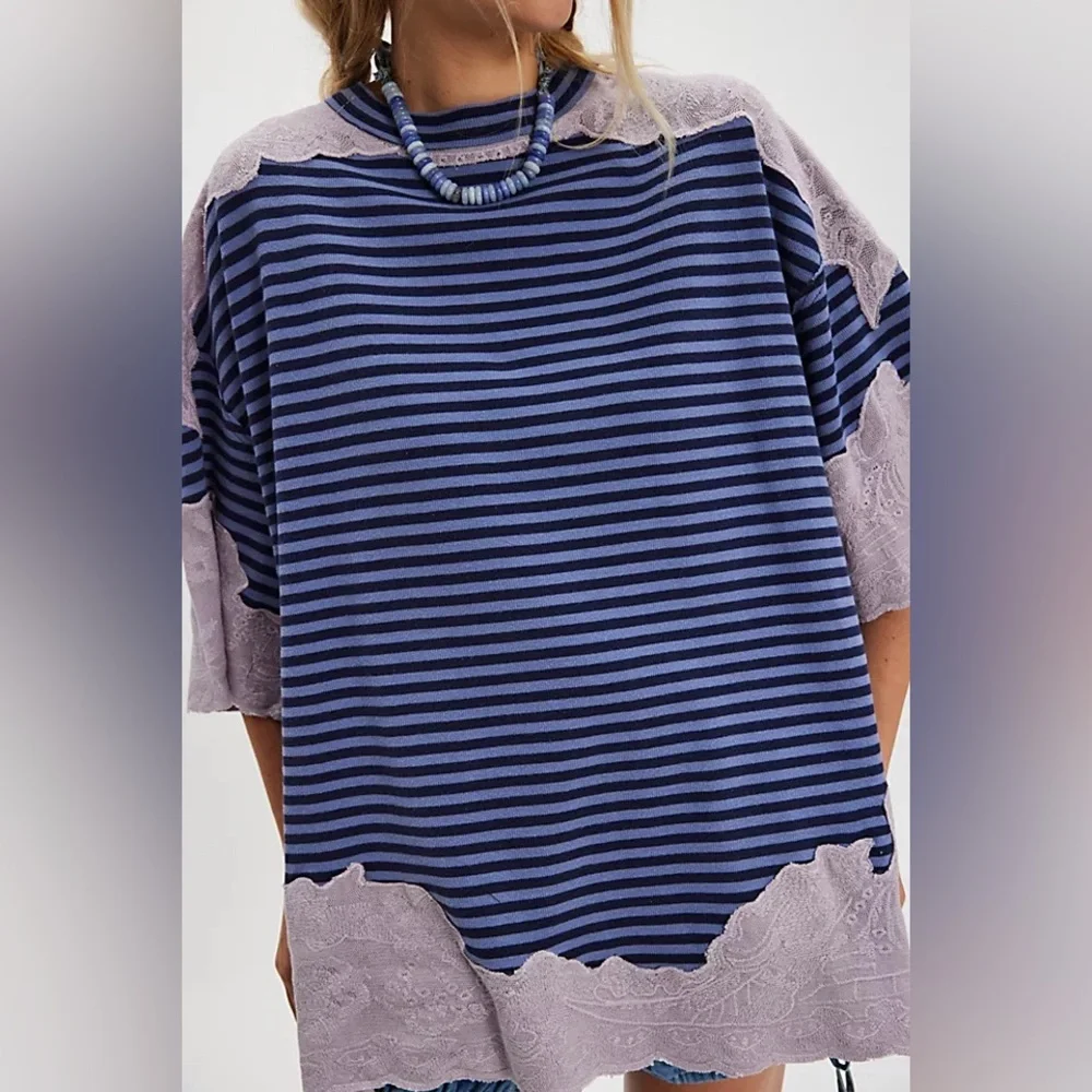 FREE PEOPLE Oversized Striped Lace Top NWT Navy Blue Periwinkle Lavender